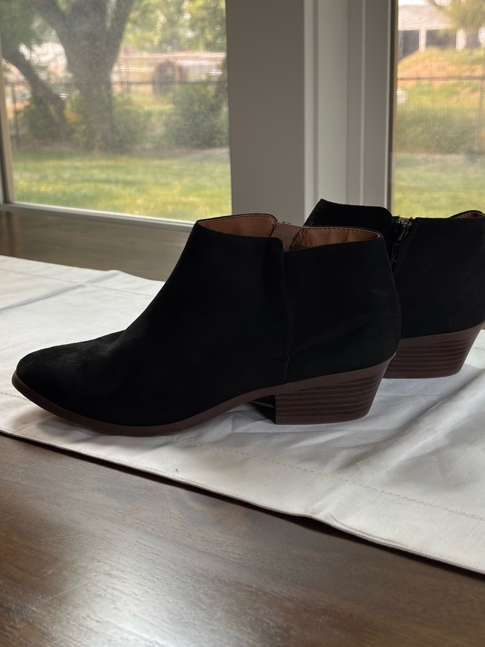 Soda Black Suede Ankle Booties with Low Stacked Heel
